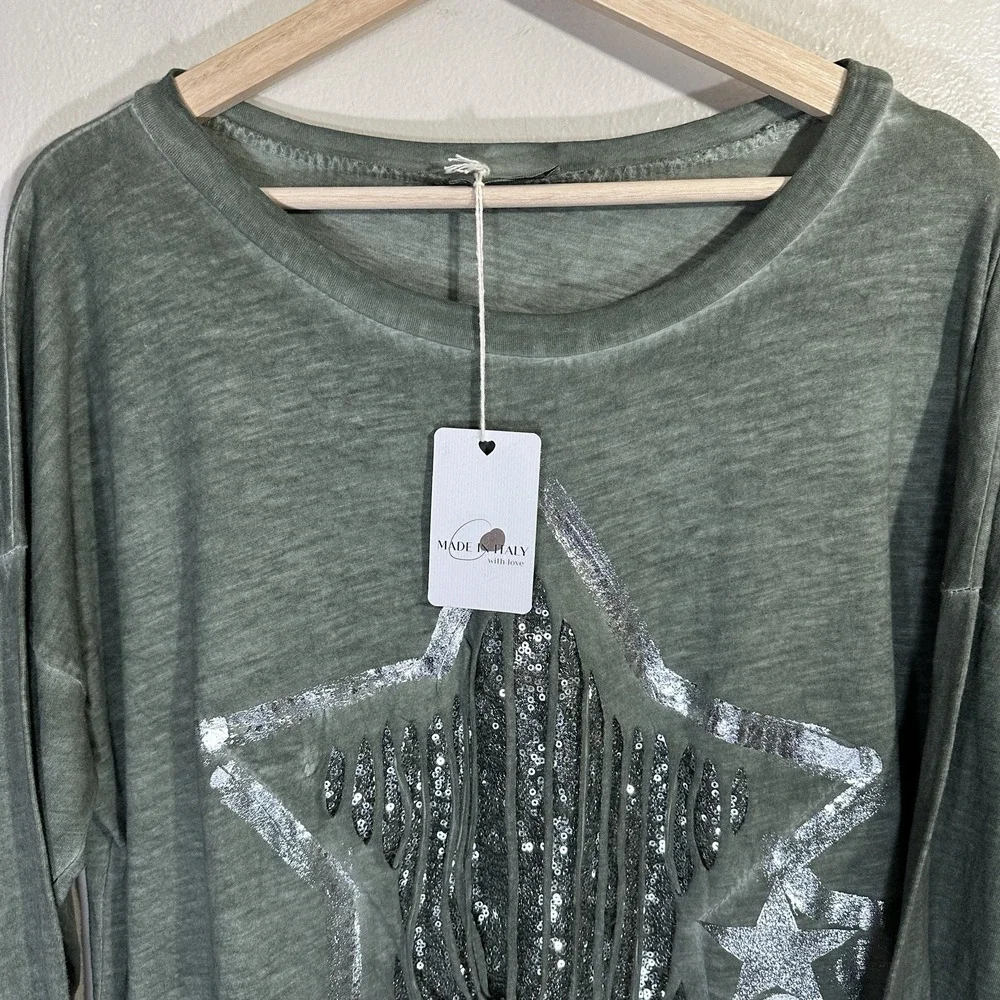 MADE IN ITALY Women's L Big Star Crewneck Long Sleeve Top Green - Picture 3 of 7